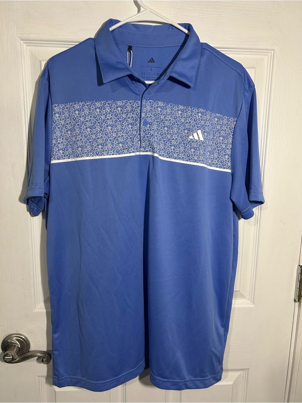Adidas Men's Stretch Short Sleeve Chest Print Golf Polo Shirt Large Blue White